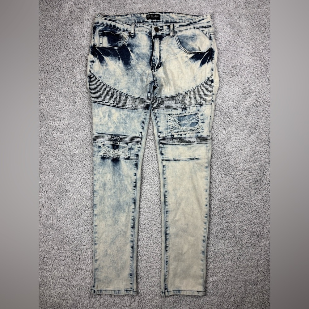 Black Premium Jeans Mens 32 x 32 Skinny Flex Acid Wash Party Distressed Street